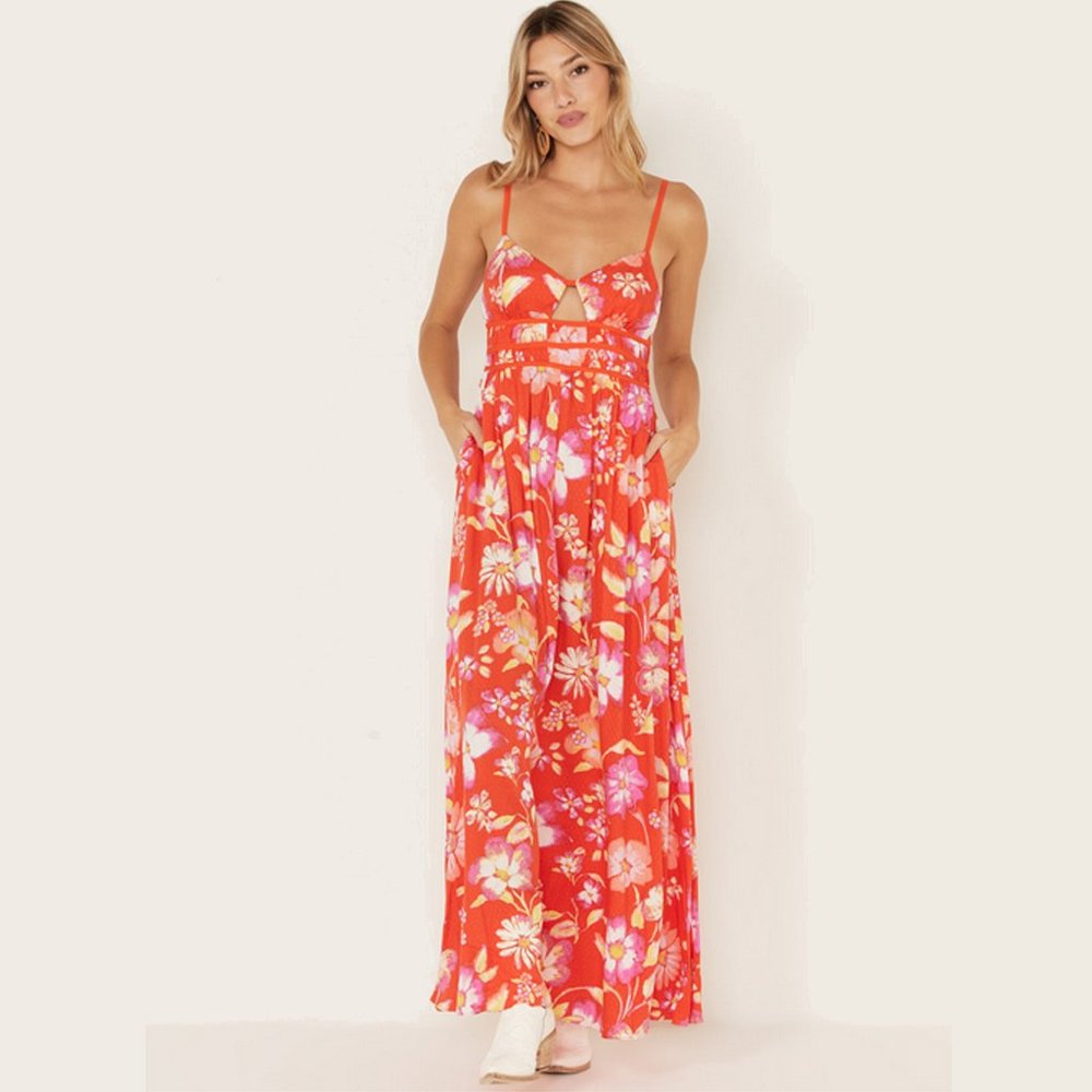 Free People Wisteria Maxi Dress Orange Floral Lightweight Open Back Sleeveless
